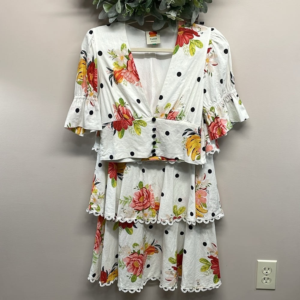 FARM Rio White Nanaju Midi Tiered Skirt & Deep V Crop Puff Sleeve Blouse S/M